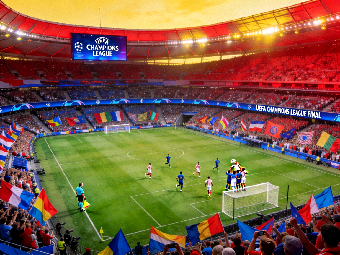 欧冠决赛直播画面，球场全景，气氛热烈