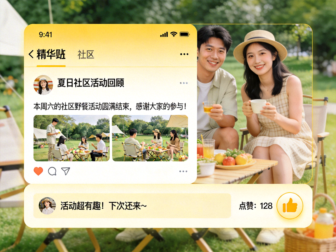 社区精华帖展示，包含精彩评论和点赞数